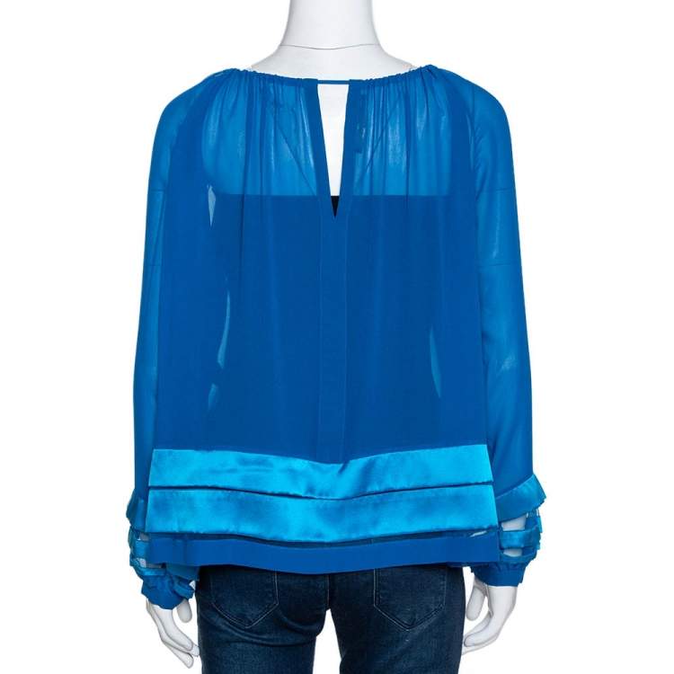 Pre Owned Roberto Cavalli Blue Silk Tiered Satin Hem Sheer Blouse M