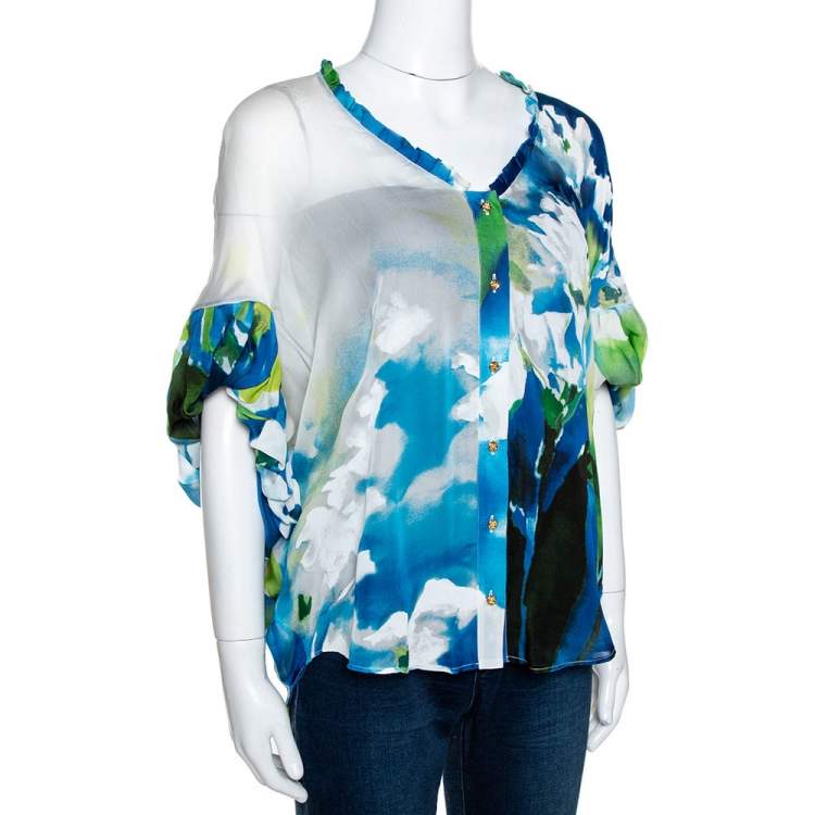 Pre Owned Roberto Cavalli Blue Printed Silk Gathered Sleeve Sheer Blouse M