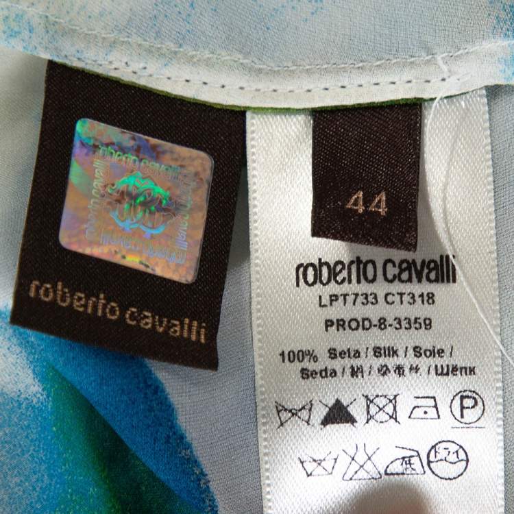 Pre Owned Roberto Cavalli Blue Printed Silk Gathered Sleeve Sheer Blouse M