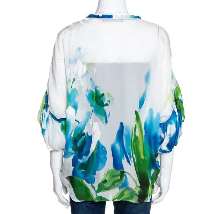 Pre Owned Roberto Cavalli Blue Printed Silk Gathered Sleeve Sheer Blouse M