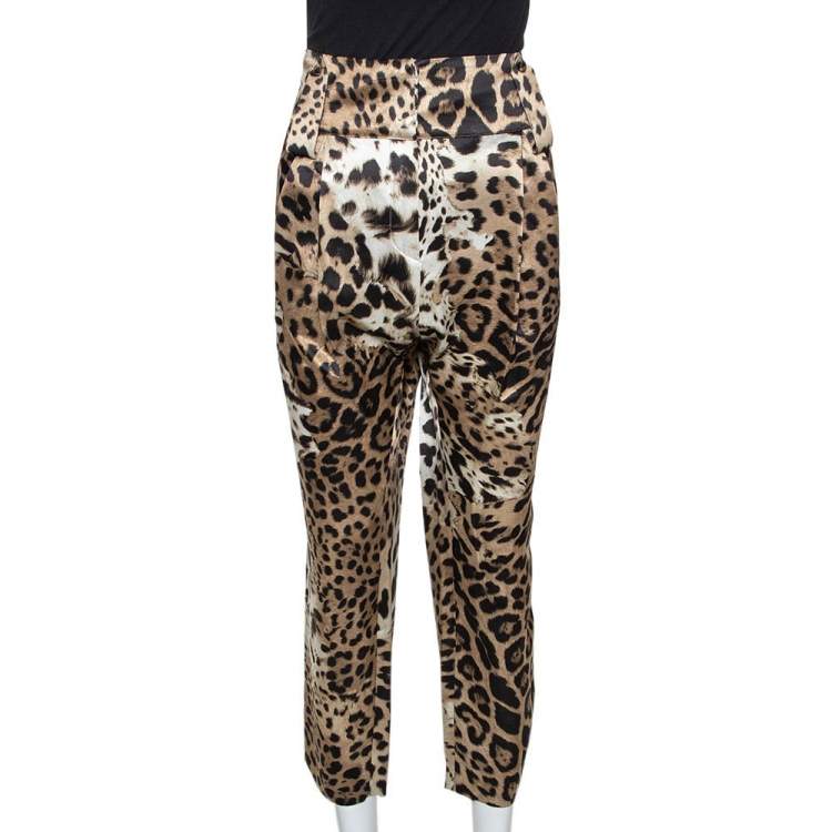 Pre Owned Roberto Cavalli Brown Leopard Print Silk Satin Pleated Pants L