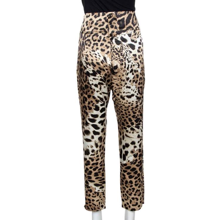 Pre Owned Roberto Cavalli Brown Leopard Print Silk Satin Pleated Pants L