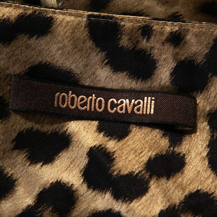 Pre Owned Roberto Cavalli Brown Leopard Print Silk Satin Pleated Pants L