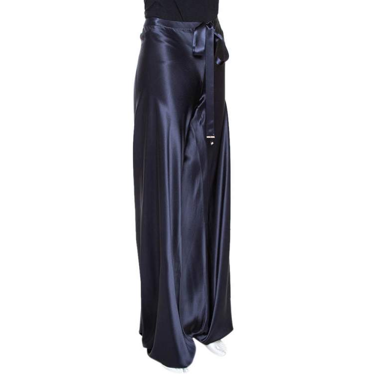 Pre Owned Roberto Cavalli Navy Blue Silk Satin Wide Leg Pants L