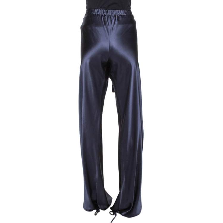 Pre Owned Roberto Cavalli Navy Blue Silk Satin Wide Leg Pants L
