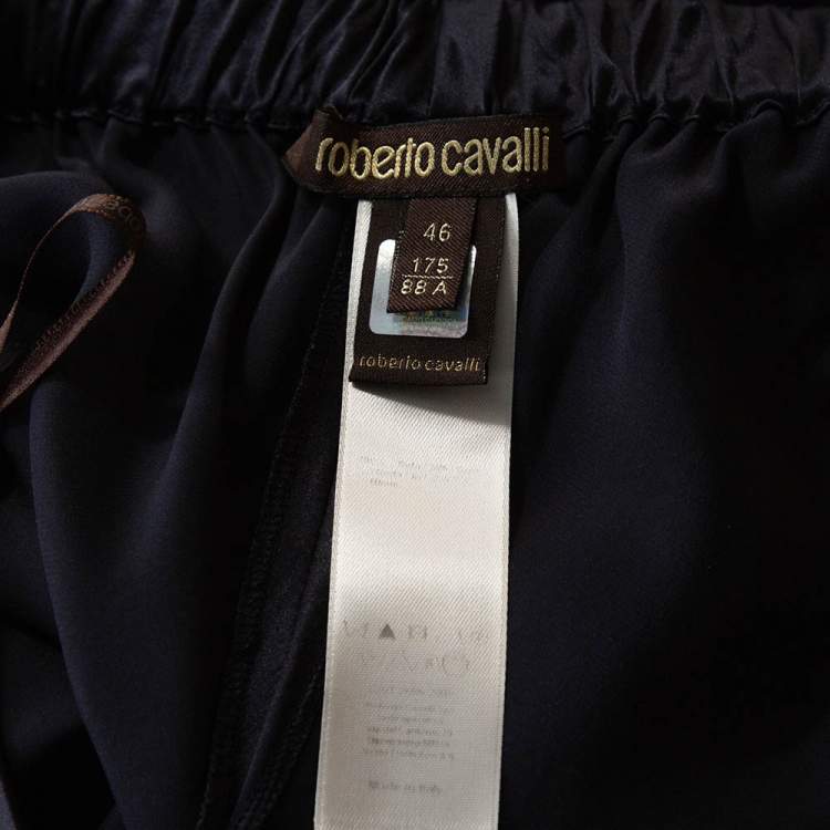 Pre Owned Roberto Cavalli Navy Blue Silk Satin Wide Leg Pants L