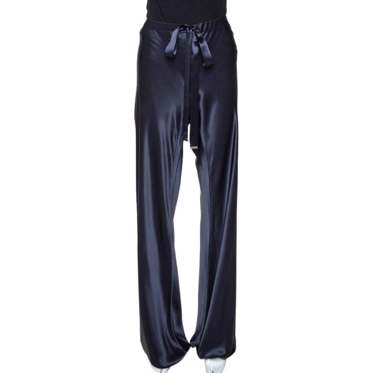 Pre Owned Roberto Cavalli Navy Blue Silk Satin Wide Leg Pants L