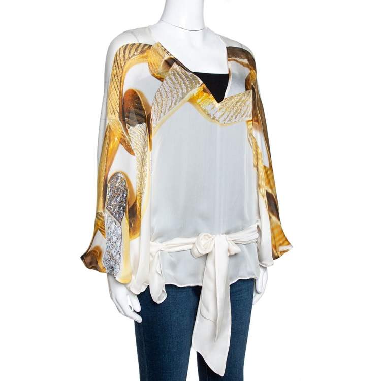 Pre Owned Roberto Cavalli Cream Chain Print Silk Front Tie Detail Sheer Kaftan M