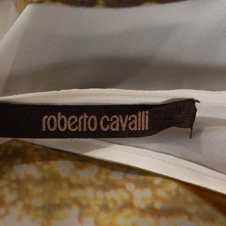 Pre Owned Roberto Cavalli Cream Chain Print Silk Front Tie Detail Sheer Kaftan M