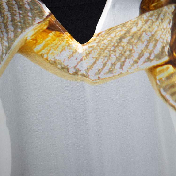 Pre Owned Roberto Cavalli Cream Chain Print Silk Front Tie Detail Sheer Kaftan M
