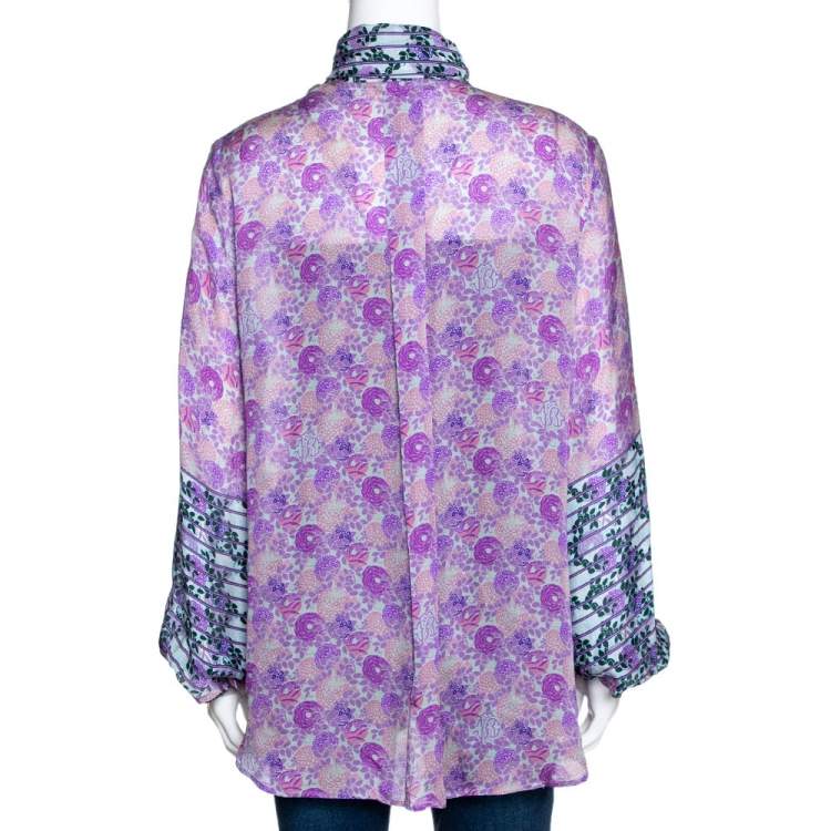 مملوكة مسبقًا Roberto Cavalli Purple Floral Print Silk Sheer Blouse L