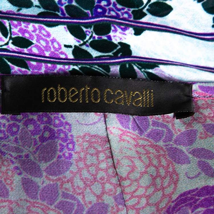 مملوكة مسبقًا Roberto Cavalli Purple Floral Print Silk Sheer Blouse L
