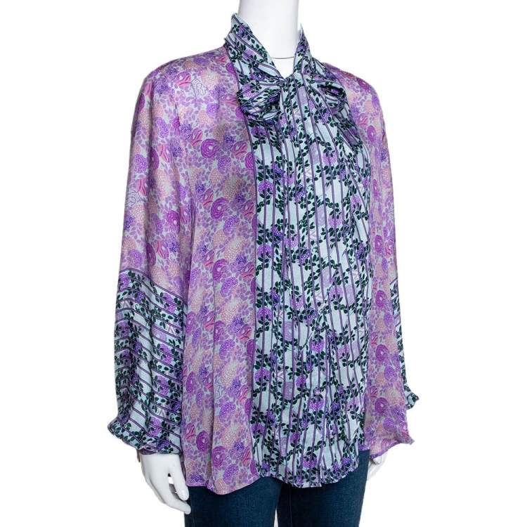 مملوكة مسبقًا Roberto Cavalli Purple Floral Print Silk Sheer Blouse L