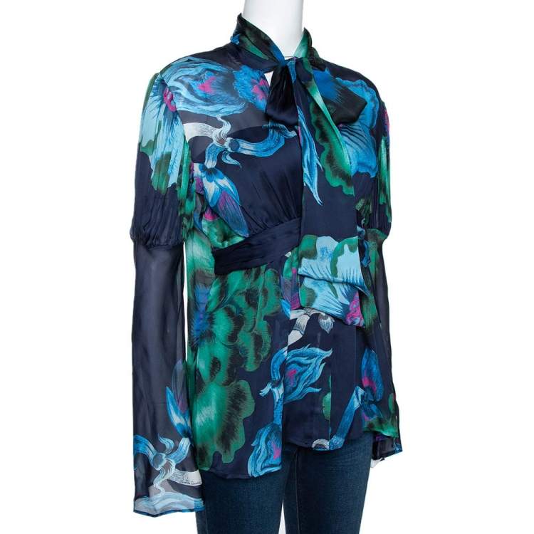 Pre Owned Roberto Cavalli Navy Blue Floral Print Silk Gathered Sleeve Blouse M