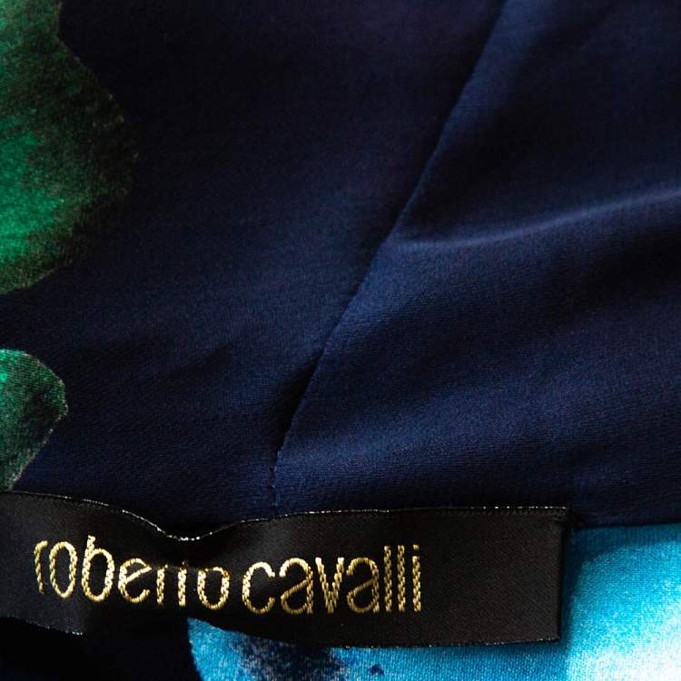 Pre Owned Roberto Cavalli Navy Blue Floral Print Silk Gathered Sleeve Blouse M