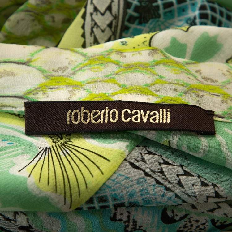 Pre Owned Roberto Cavalli Light Green Printed Silk Sheer Long Sleeve Shirt L