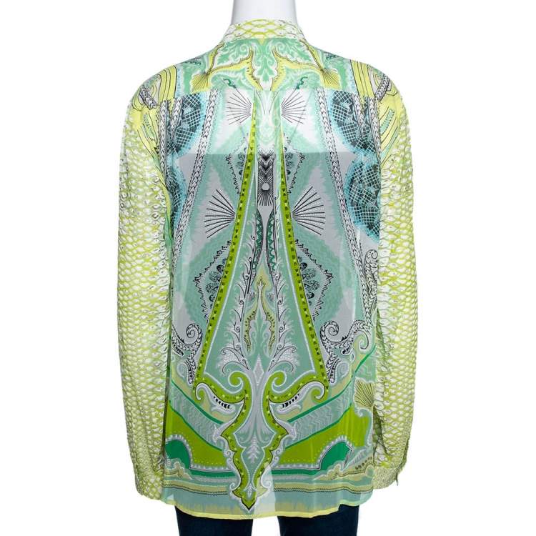 Pre Owned Roberto Cavalli Light Green Printed Silk Sheer Long Sleeve Shirt L