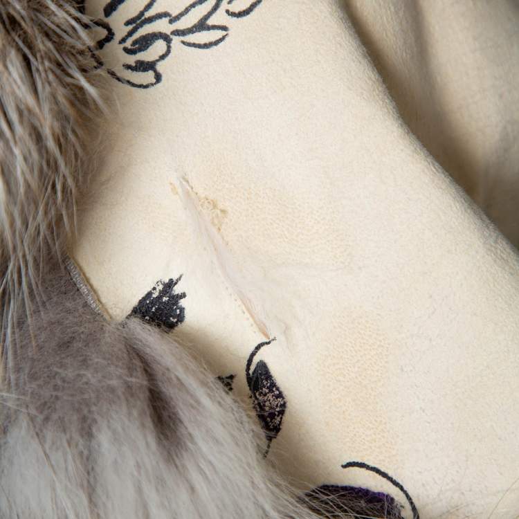 Pre Owned Roberto Cavalli Cream Floral Print Leather Fur Lined Coat L