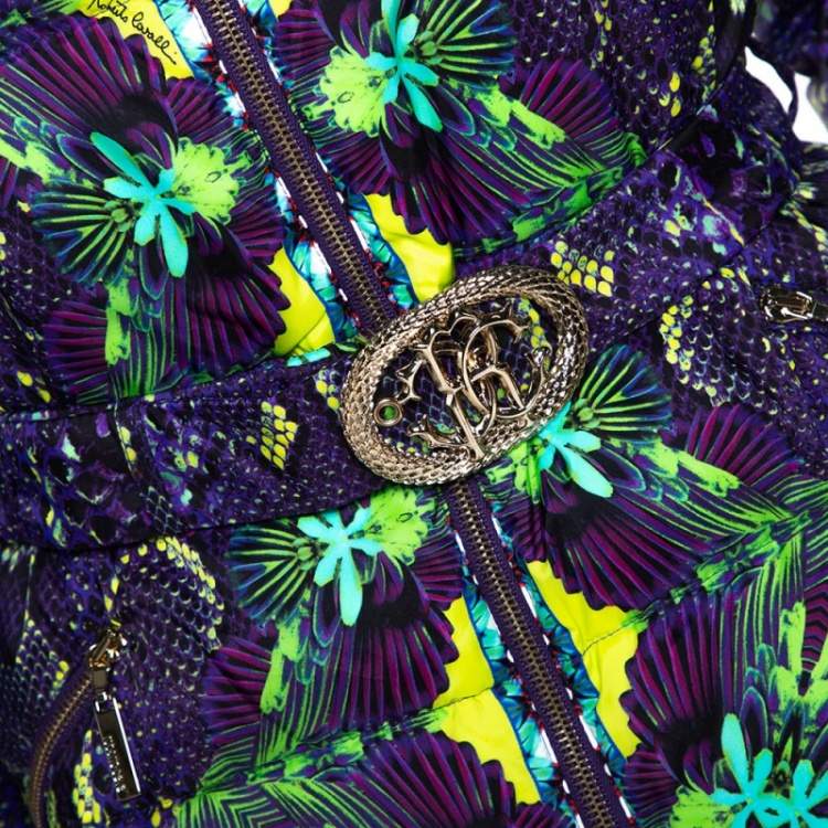 Pre Owned Roberto Cavalli Purple Snakeskin Print Belted Puffer Jacket L 