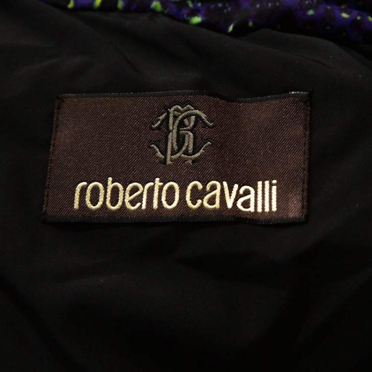 Pre Owned Roberto Cavalli Purple Snakeskin Print Belted Puffer Jacket L 