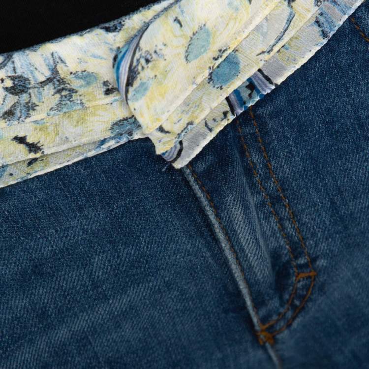 مملوكة مسبقًا Roberto Cavalli Blue Denim & Silk Waist Trim Detail Straight Leg Jeans L
