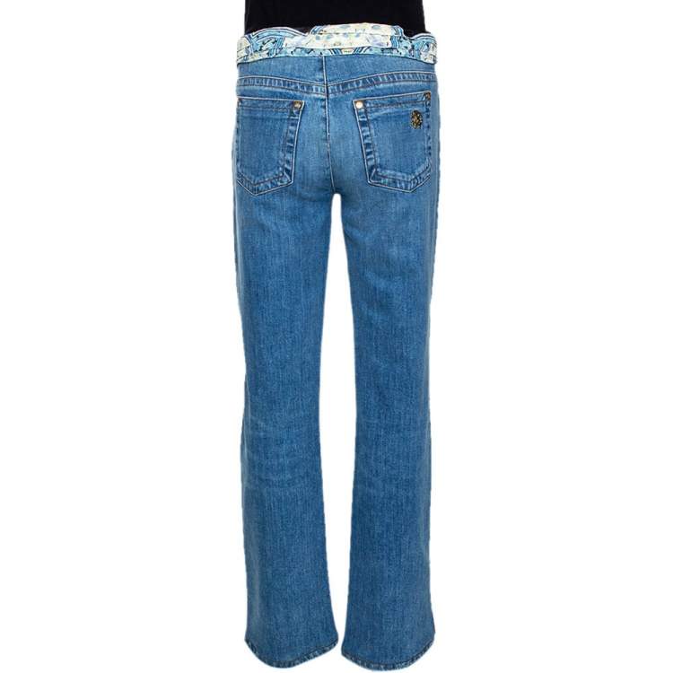 مملوكة مسبقًا Roberto Cavalli Blue Denim & Silk Waist Trim Detail Straight Leg Jeans L