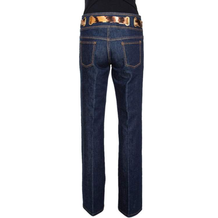 Pre Owned Roberto Cavalli Indigo Denim & Silk Waist Trim Straight Leg Jeans L