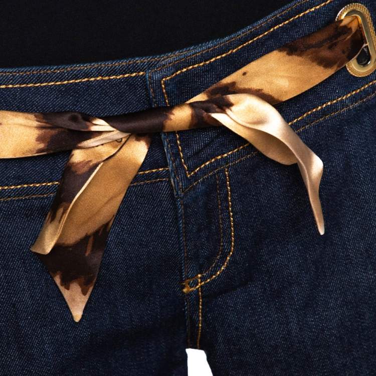 Pre Owned Roberto Cavalli Indigo Denim & Silk Waist Trim Straight Leg Jeans L