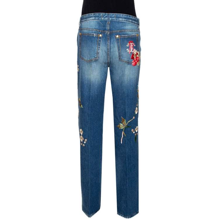 Pre Owned Roberto Cavalli Blue Floral Embroidered Denim Flared Jeans L