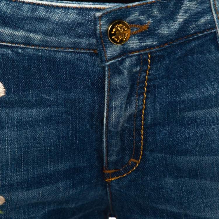 Pre Owned Roberto Cavalli Blue Floral Embroidered Denim Flared Jeans L