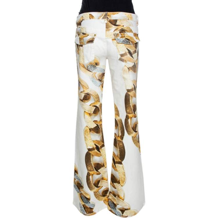 Pre Owned Roberto Cavalli Cream Jewel Printed Denim Flared Jeans L 