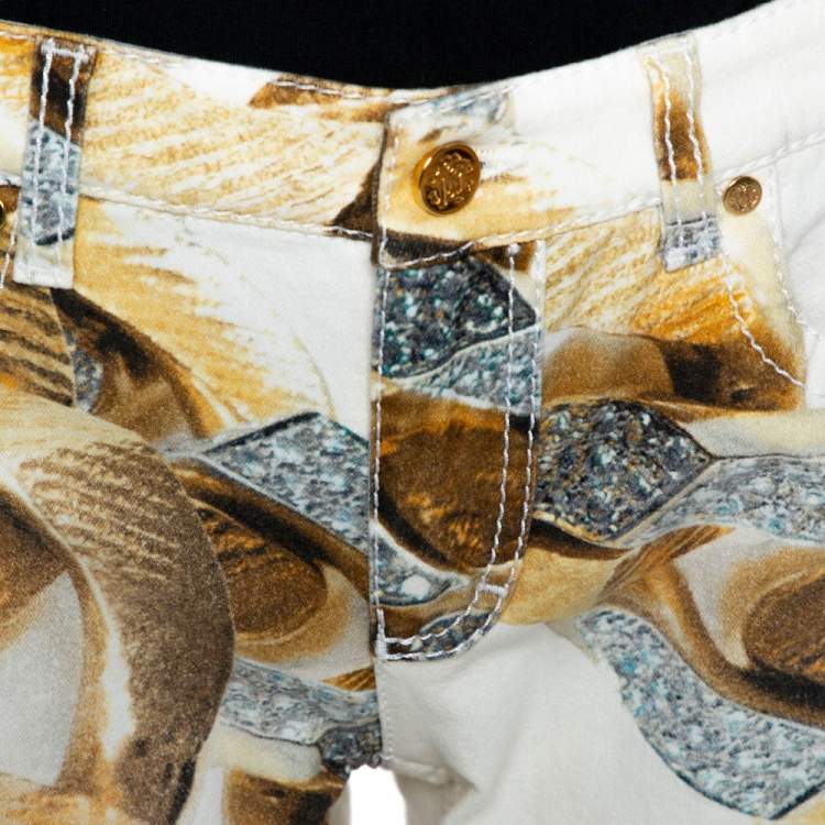 Pre Owned Roberto Cavalli Cream Jewel Printed Denim Flared Jeans L 
