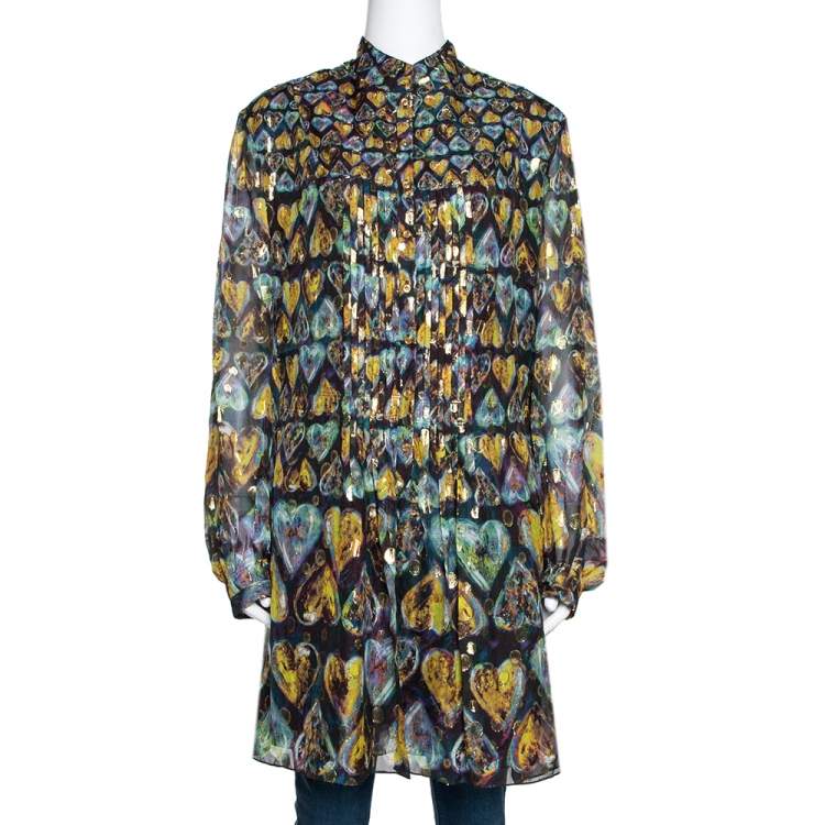 Pre Owned Roberto Cavalli Multicolor Printed Silk Lurex Detail Pleated Tunic L