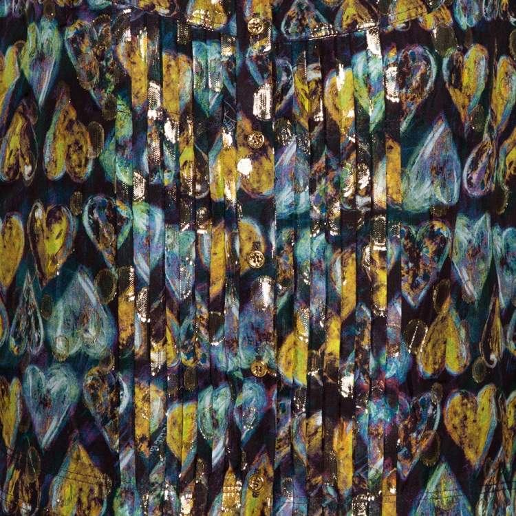 Pre Owned Roberto Cavalli Multicolor Printed Silk Lurex Detail Pleated Tunic L