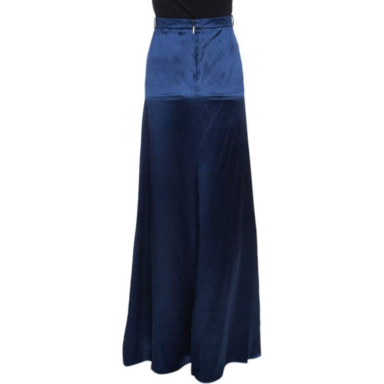 Pre Owned Roberto Cavalli Navy Blue Silk Satin Maxi Skirt L