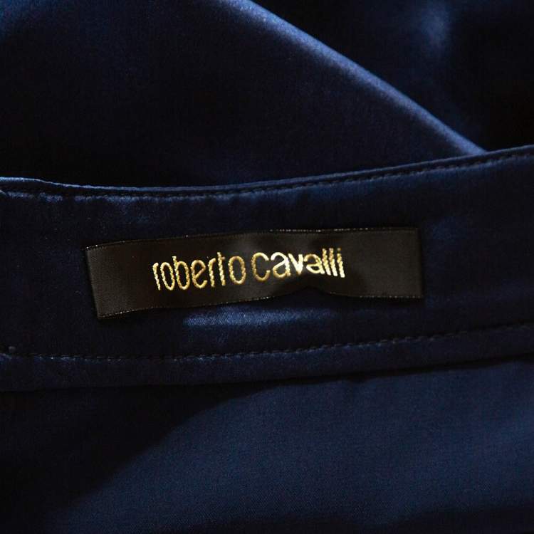 Pre Owned Roberto Cavalli Navy Blue Silk Satin Maxi Skirt L