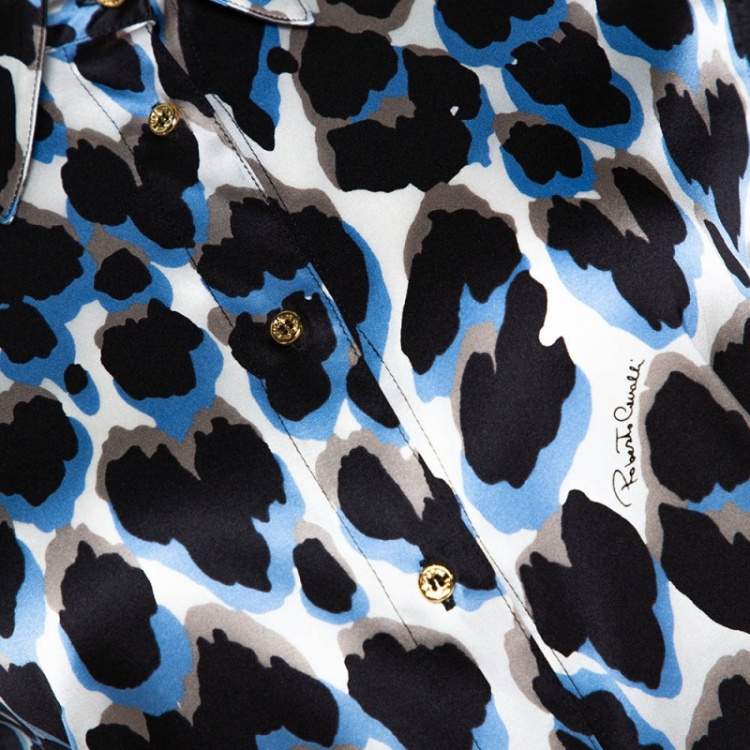 Pre Owned Roberto Cavalli Black & Blue Leopard Print Silk Satin Shirt L