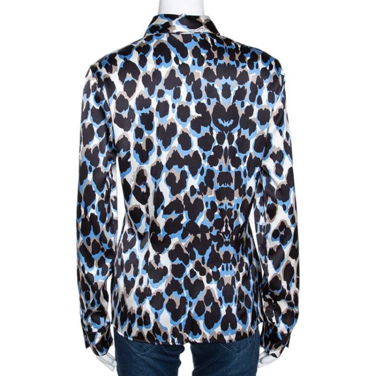 Pre Owned Roberto Cavalli Black & Blue Leopard Print Silk Satin Shirt L
