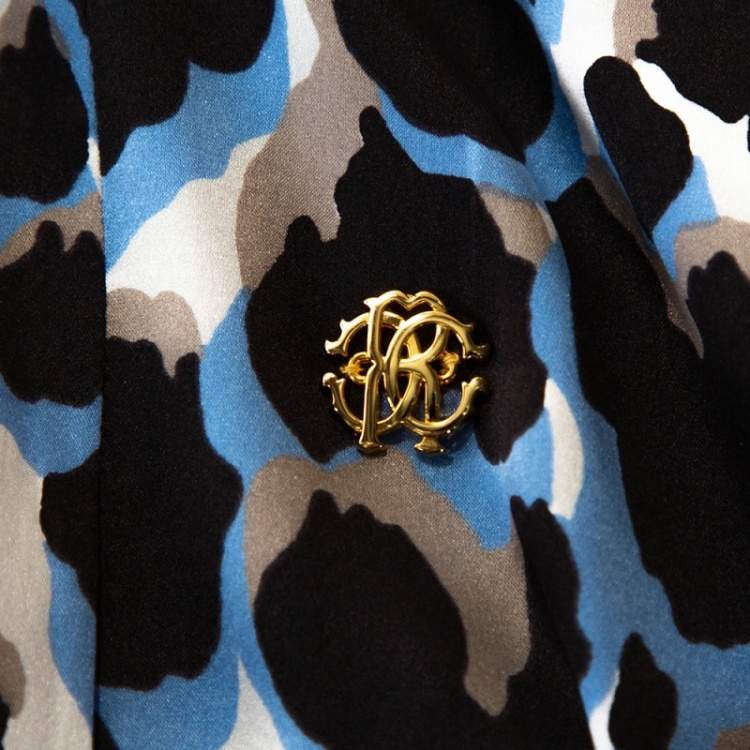 Pre Owned Roberto Cavalli Black & Blue Leopard Print Silk Satin Shirt L