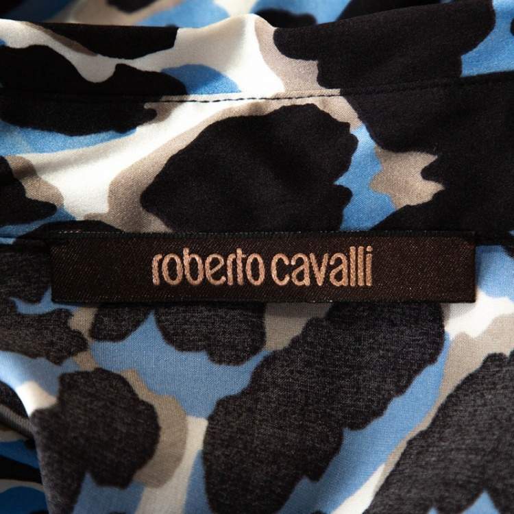 Pre Owned Roberto Cavalli Black & Blue Leopard Print Silk Satin Shirt L