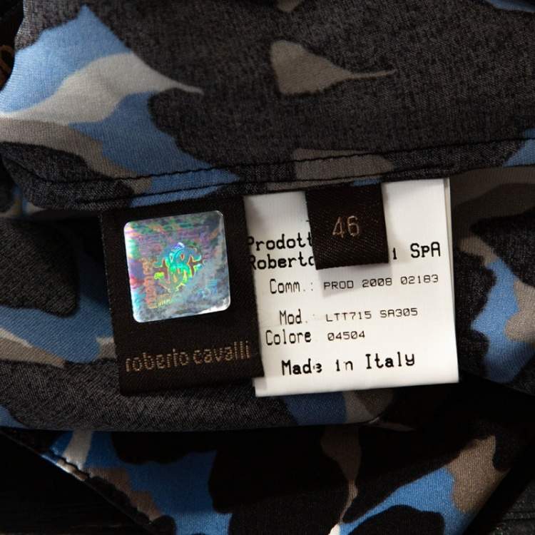Pre Owned Roberto Cavalli Black & Blue Leopard Print Silk Satin Shirt L
