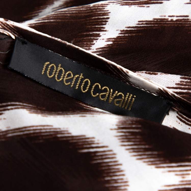 Pre Owned Roberto Cavalli Brown Printed Silk Front Slit Detail Sheer Maxi Kaftan L