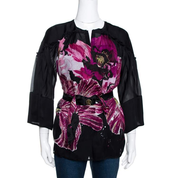 Pre Owned Roberto Cavalli Black Printed Silk Belt Detail Sheer Blouse M