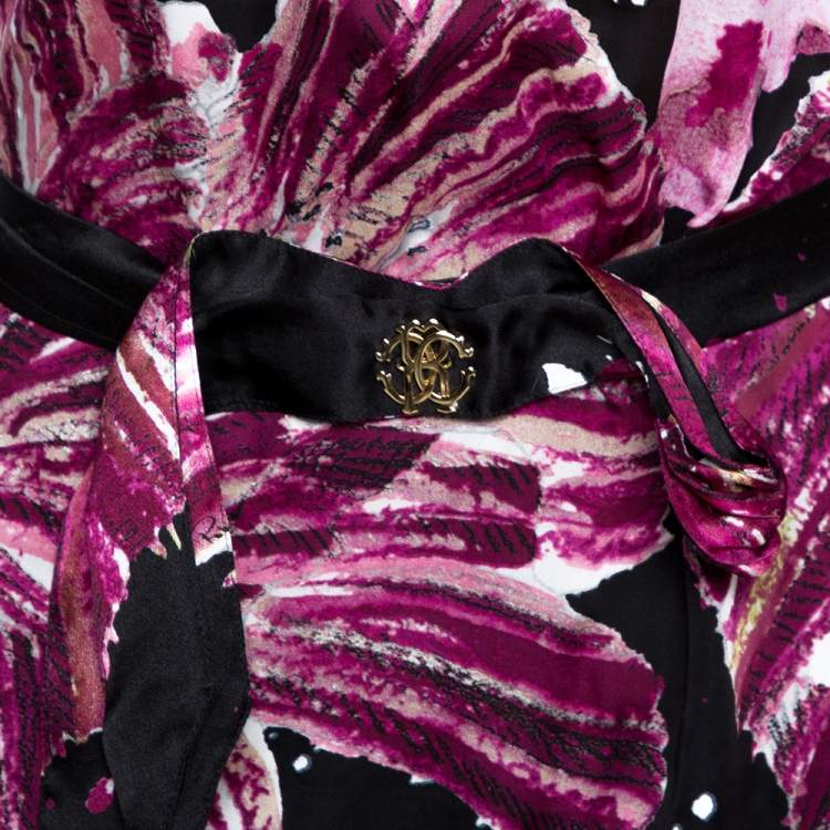 Pre Owned Roberto Cavalli Black Printed Silk Belt Detail Sheer Blouse M