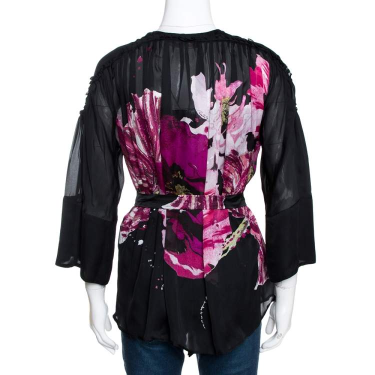 Pre Owned Roberto Cavalli Black Printed Silk Belt Detail Sheer Blouse M