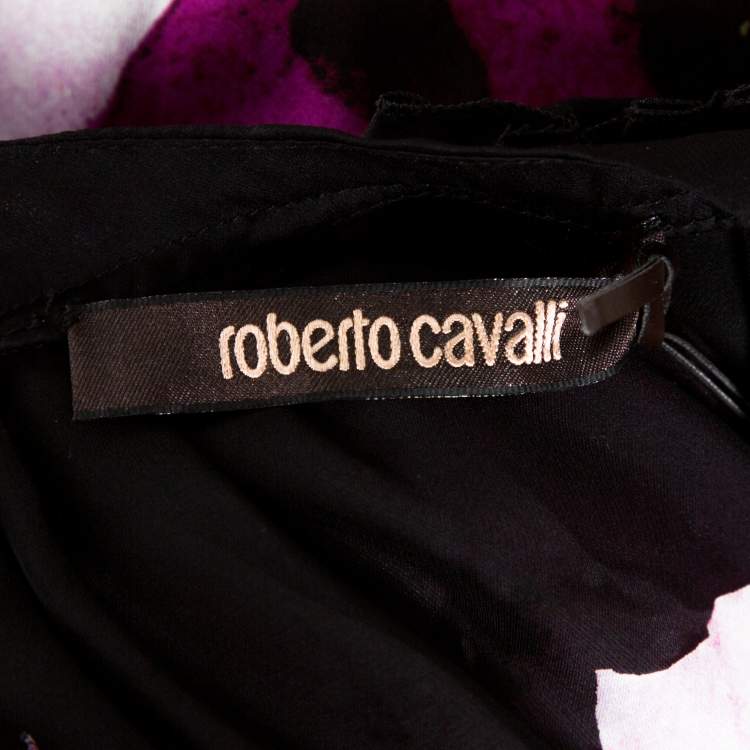 Pre Owned Roberto Cavalli Black Printed Silk Belt Detail Sheer Blouse M