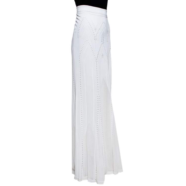 Pre Owned Roberto Cavalli White Pointelle Knit Maxi Skirt L