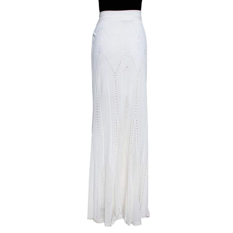 Pre Owned Roberto Cavalli White Pointelle Knit Maxi Skirt L