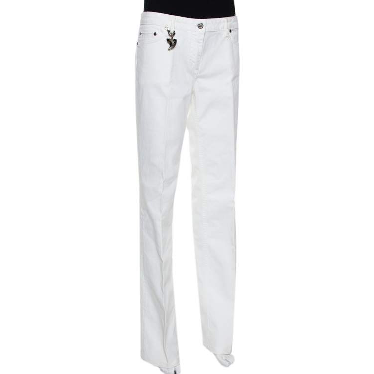 Pre Owned Roberto Cavalli White Denim Claw Detail Wide Leg Jeans L