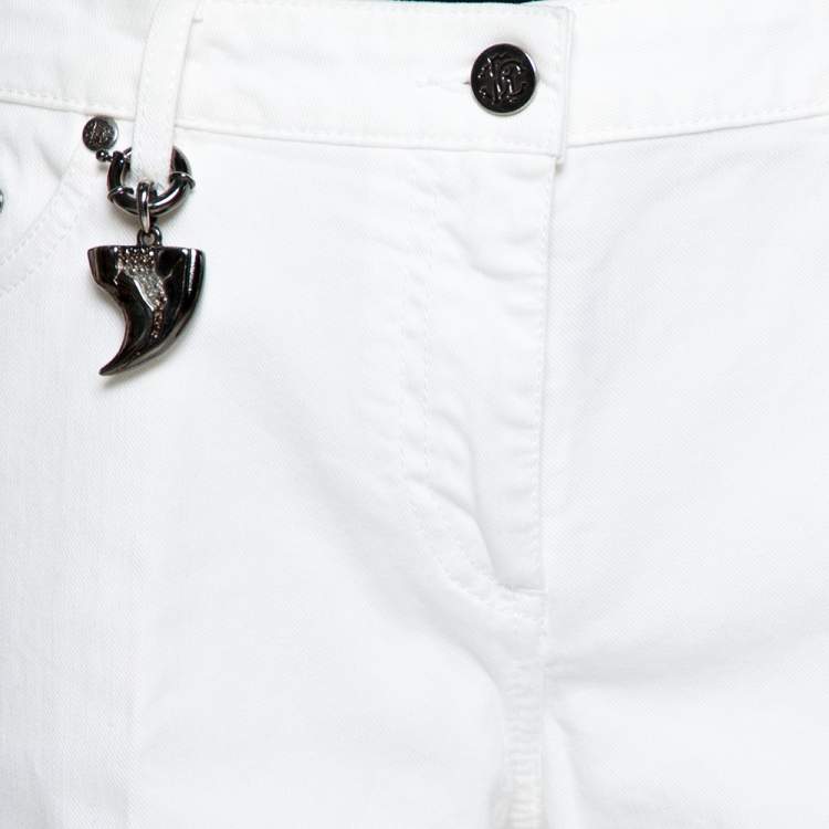 Pre Owned Roberto Cavalli White Denim Claw Detail Wide Leg Jeans L